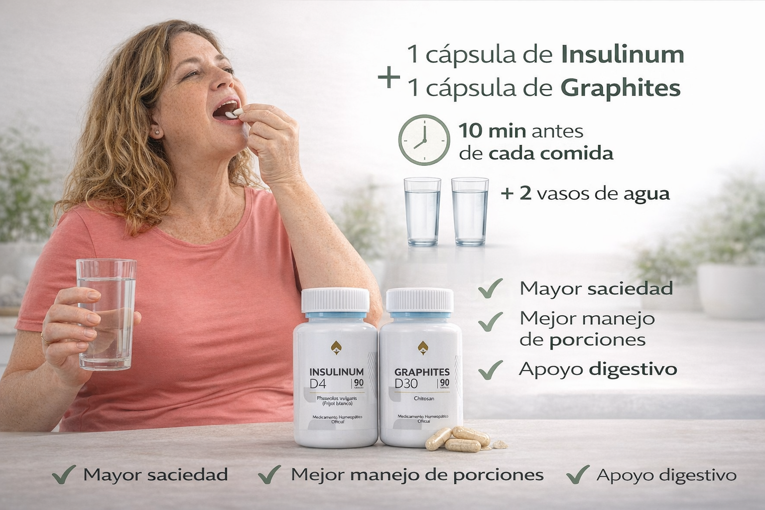 Toma 1 cápsula de Insulinum + 1 cápsula de Graphites
10 minutos antes de cada comida principal.

Acompáñalas con 2 vasos de agua 💧
Esto permite que el chitosan se hidrate adecuadamente, favoreciendo su efecto de mayor saciedad y apoyo digestivo.

✨ Más control del apetito
✨ Mejor manejo de tus porciones
✨ Mayor sensación de llenura