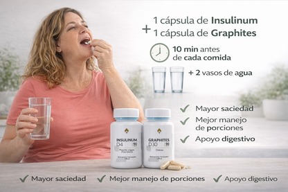 Toma 1 cápsula de Insulinum + 1 cápsula de Graphites
10 minutos antes de cada comida principal.

Acompáñalas con 2 vasos de agua 💧
Esto permite que el chitosan se hidrate adecuadamente, favoreciendo su efecto de mayor saciedad y apoyo digestivo.

✨ Más control del apetito
✨ Mejor manejo de tus porciones
✨ Mayor sensación de llenura